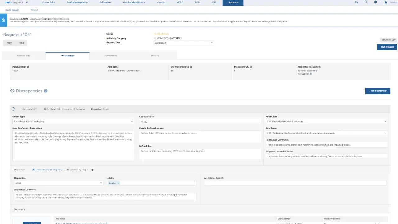 Net-Inspect Request detail view displaying Discrepancies section with defect type selections, non-conformity descriptions, and Add Discrepancy button for quality issue documentation